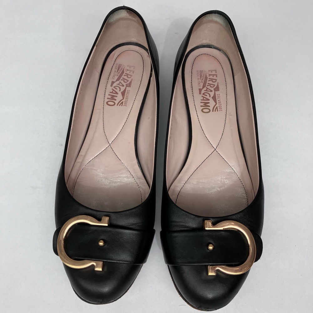 Salvatore Ferragamo Black Leather Flats with Gold Buckle ✨
